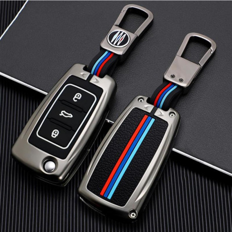 Carcasa pentru chei din aluminiu premium pentru chei Volkswagen, Skoda, Seat cu protectie pentru buton din silicon luminiscent