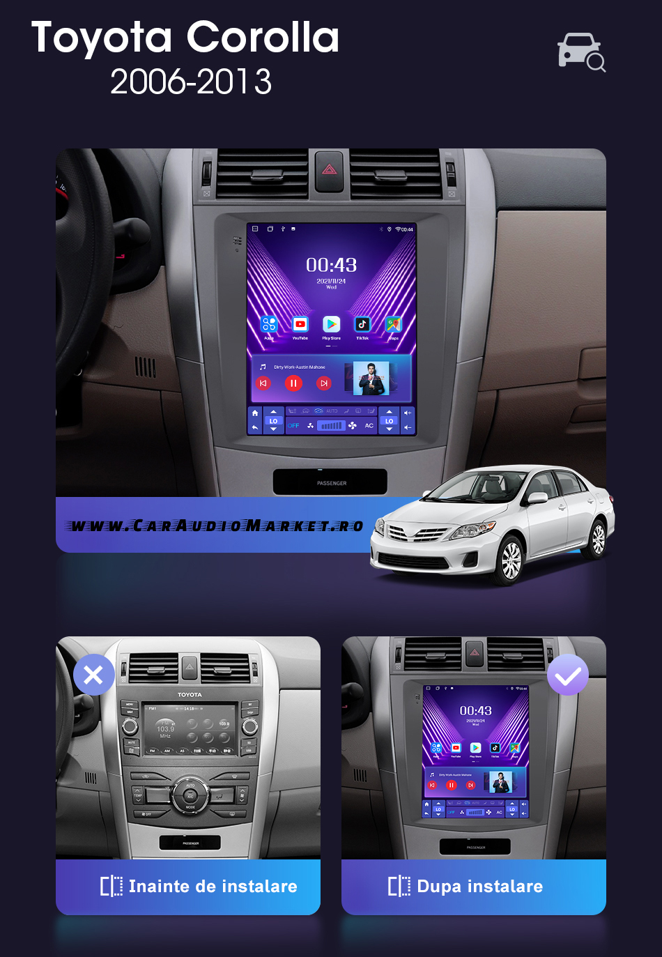 navigatie android tip tesla toyota corolla 2007 2008 2009 2010 2011 2012 2013 montata
